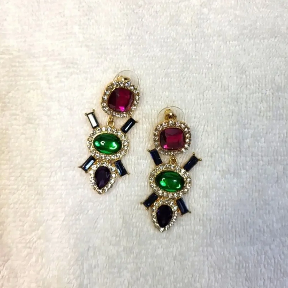 Multi-Color Jeweled Gem Statement Dangle Earrings – Gold Tone Rhinestone Drops